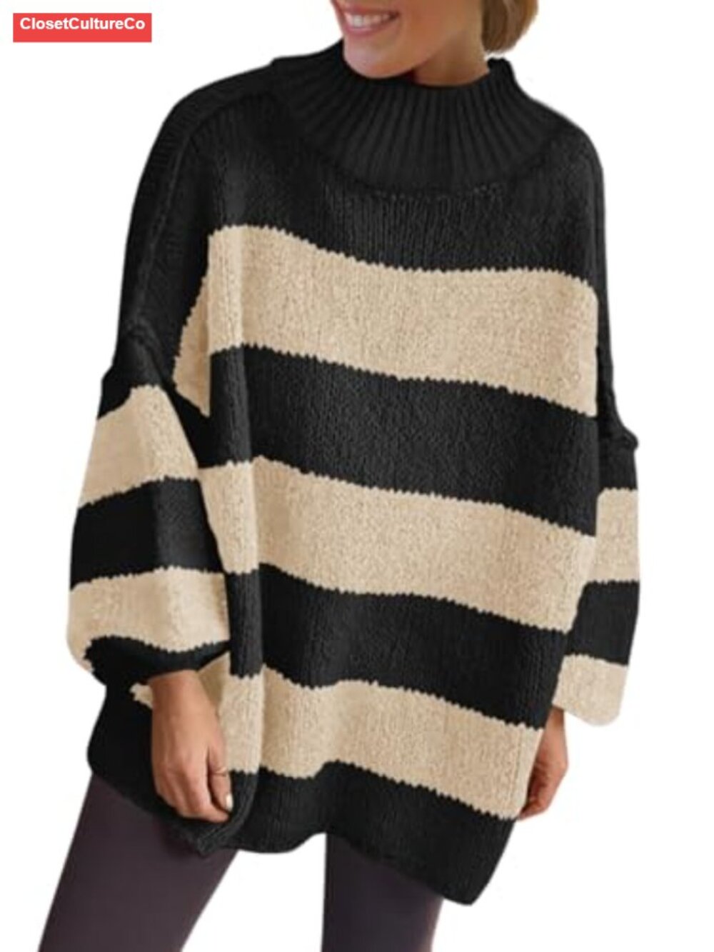 100% Polyester Oversized Striped Mock Neck Chunky Knit Sweater